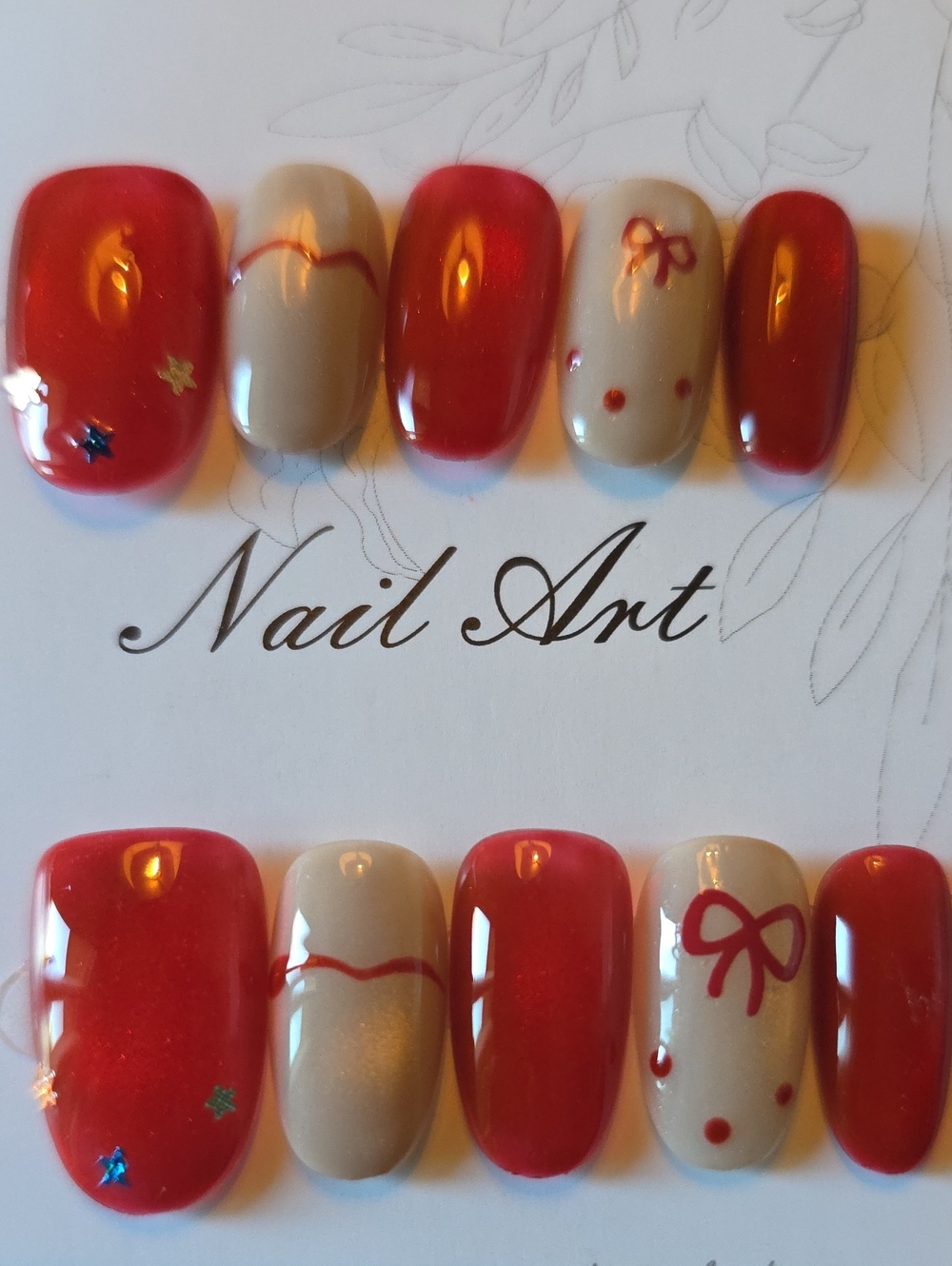 Red and Beige Nail Art Set with Bow Accent Size Large